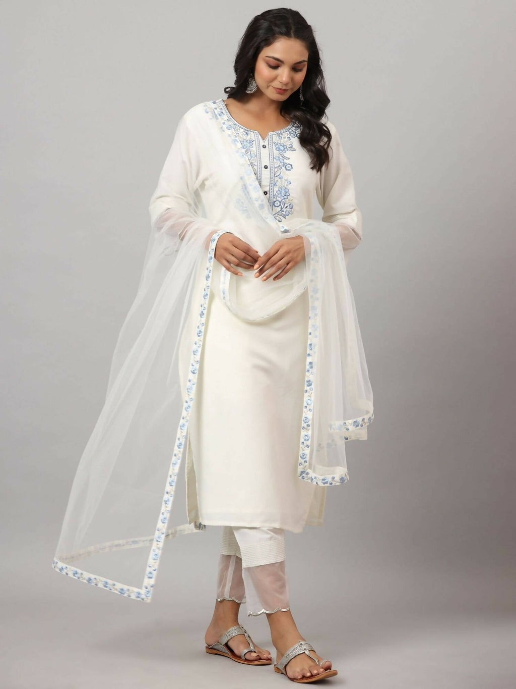 Juniper Women's White Chinnon Solid Embroidered Kurta Set - Distacart