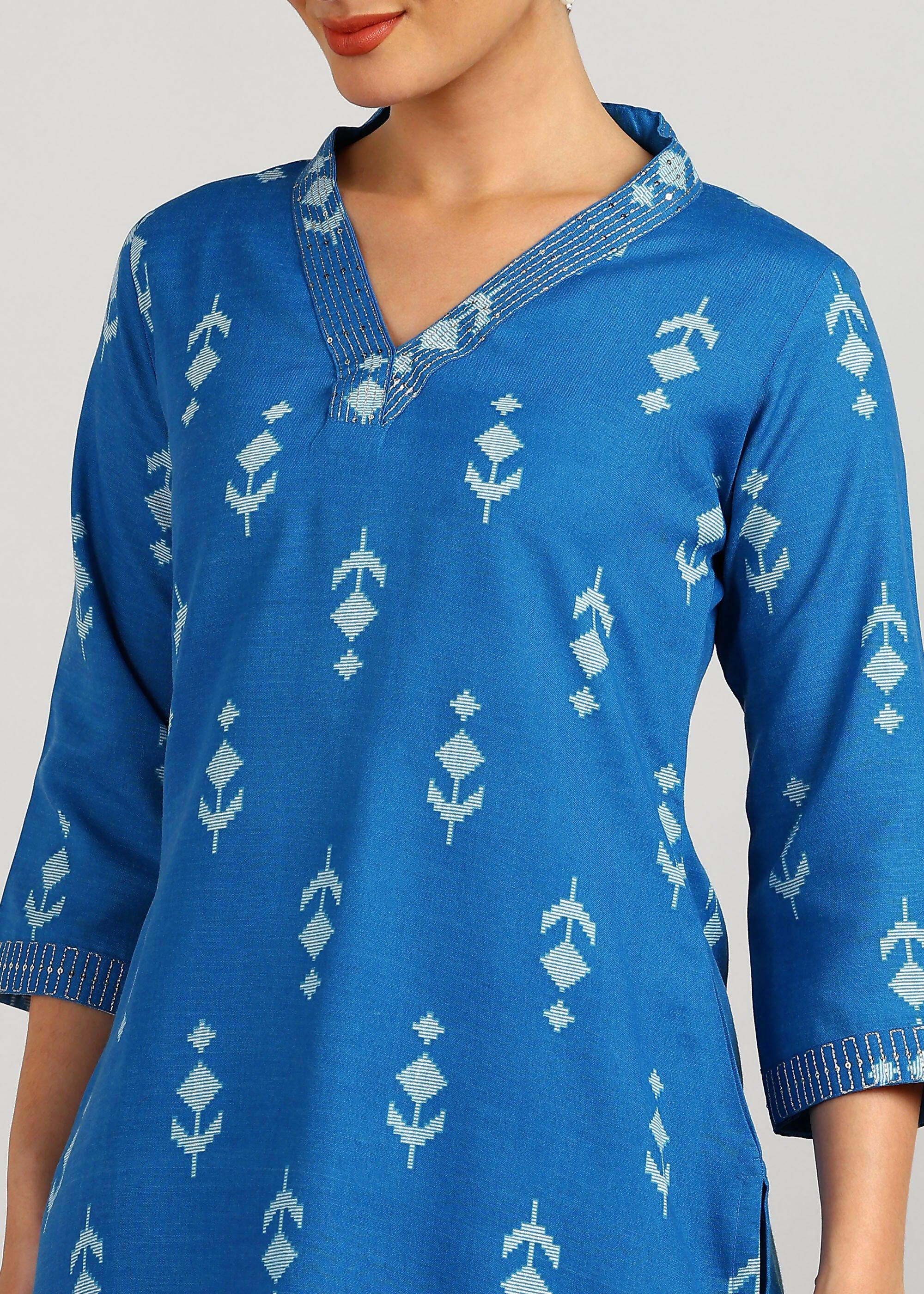 Aavyora Women's Blue Ikat Printed Ethnic Co-ord Set - Distacart