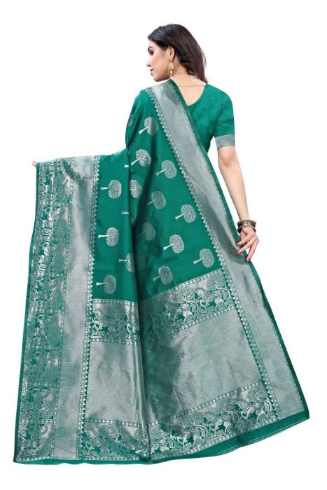 Vamika Banarasi Jacquard Weaving Rama Green Saree (AMEE RAMA)