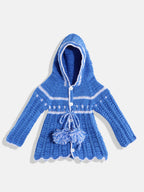 Chutput Kids Woollen Hand Knitted Full Sleeves Self Design Hood Detail Dress For Baby Girls - Blue