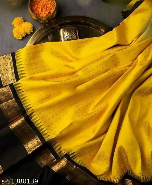 DEIANA'S Beautiful Designer Golden zari Soft Lichi Silk Saree - Yellow