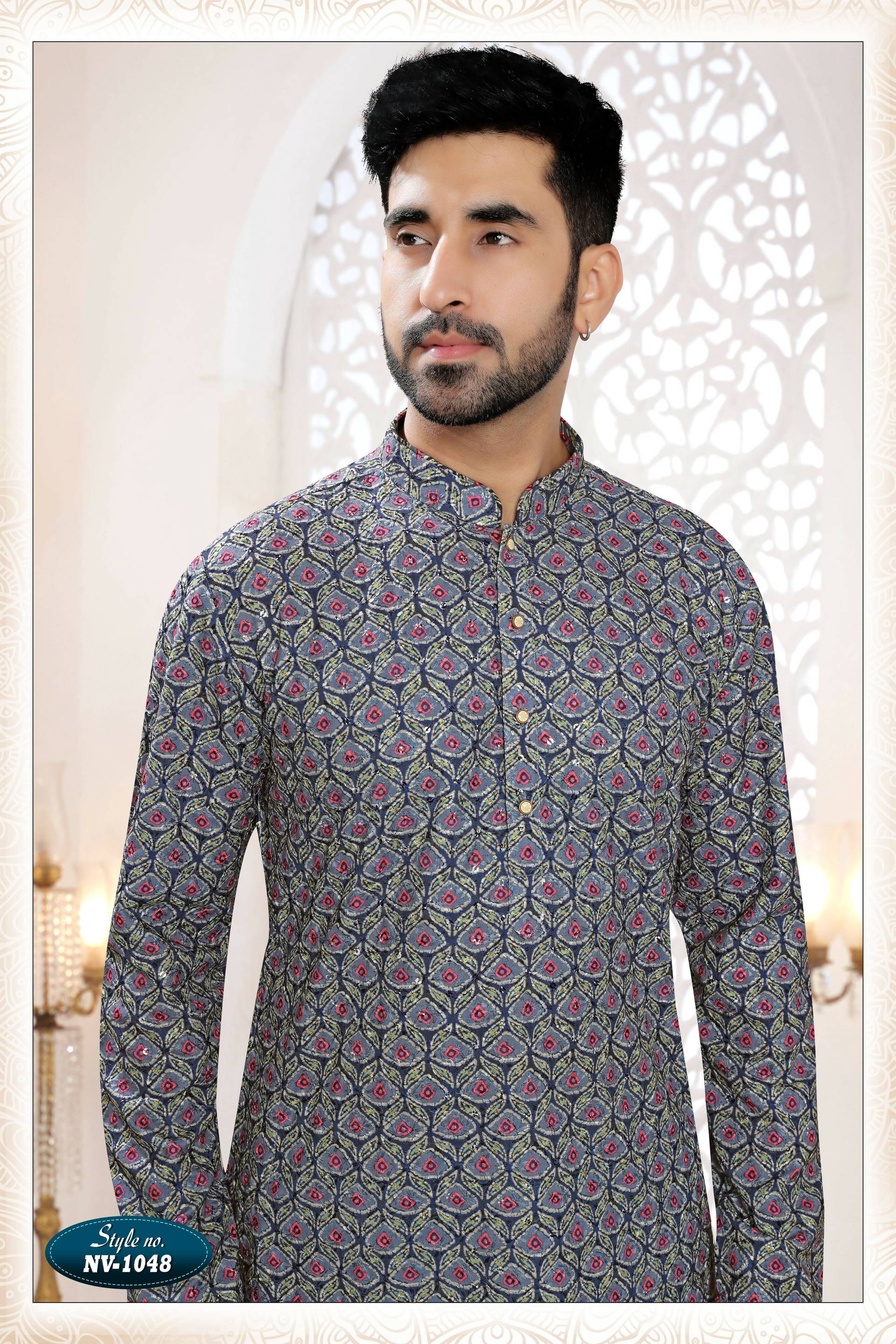 Joban Fashion Men's Blue Straight Rayon Thread And Sequence Embroidery All Over Kurta Set