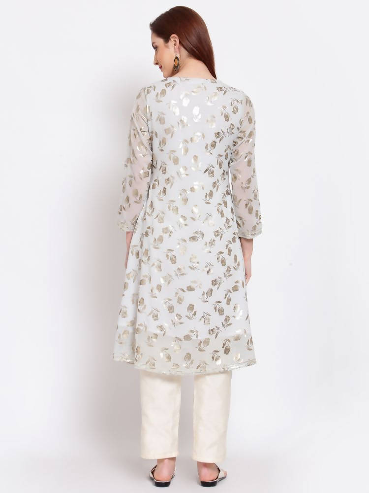 Myshka Women's Grey Printed Georgette 3/4 Sleeve Round Neck Casual Kurta