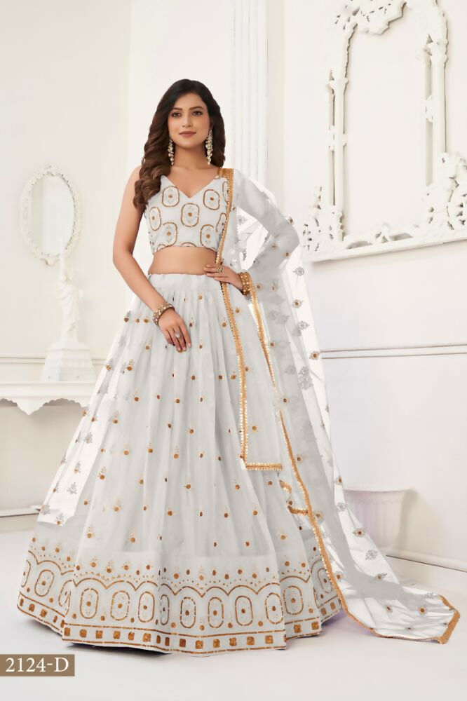 Aastha Fashion Off White Butterfly Net Tone To Tone Thread Work And Sandwich Sequence Work Embroidery Wedding Wear Lehenga Choli