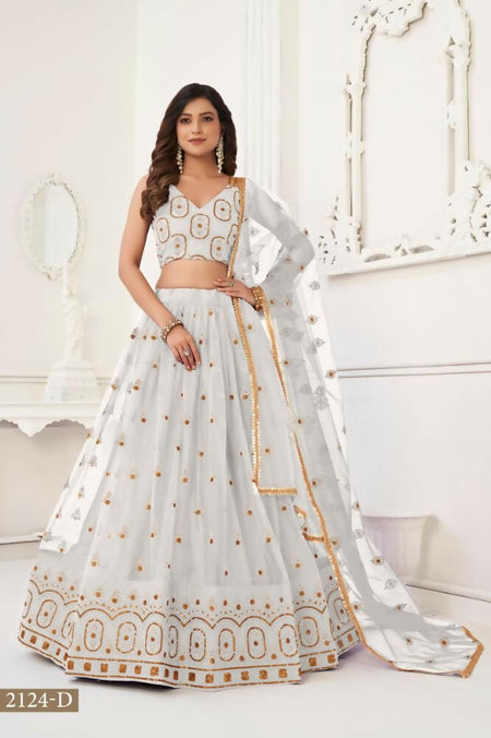 Aastha Fashion Off White Butterfly Net Tone To Tone Thread Work And Sandwich Sequence Work Embroidery Wedding Wear Lehenga Choli