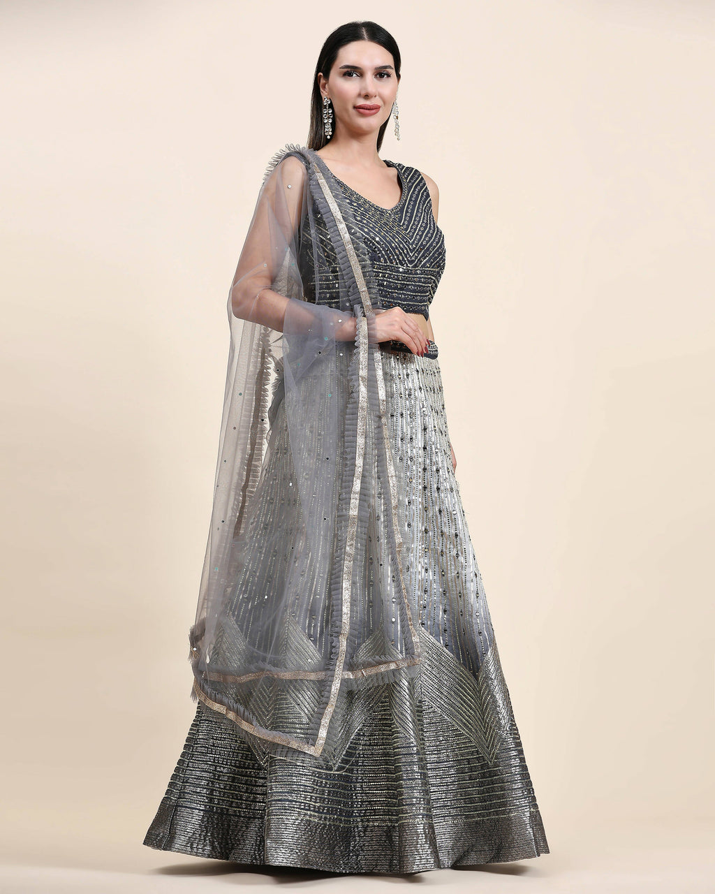 Grey Organza Mirror With Coding Work Lehenga Choli with Dupatta - Tanya