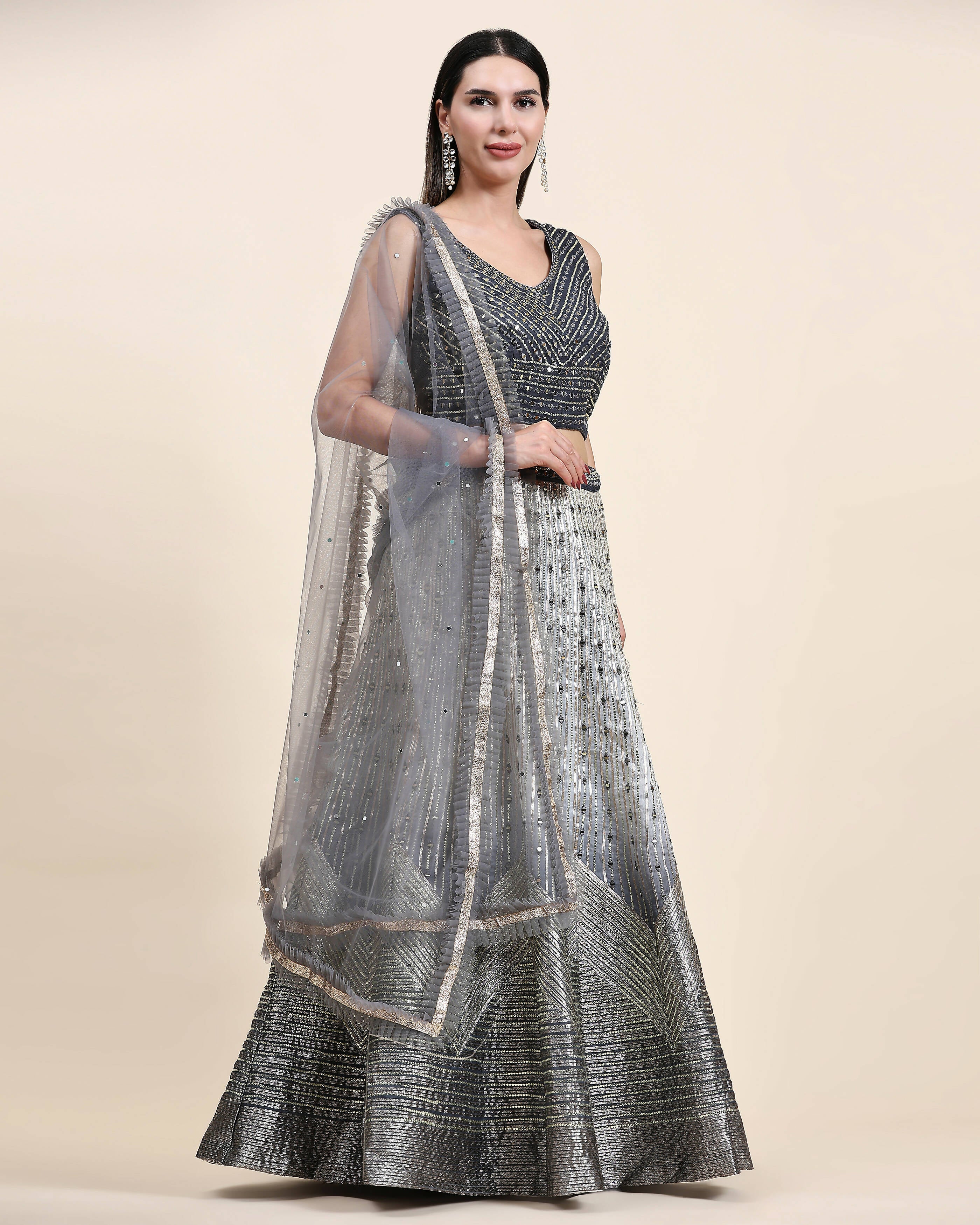 Grey Organza Mirror With Coding Work Lehenga Choli with Dupatta - Tanya