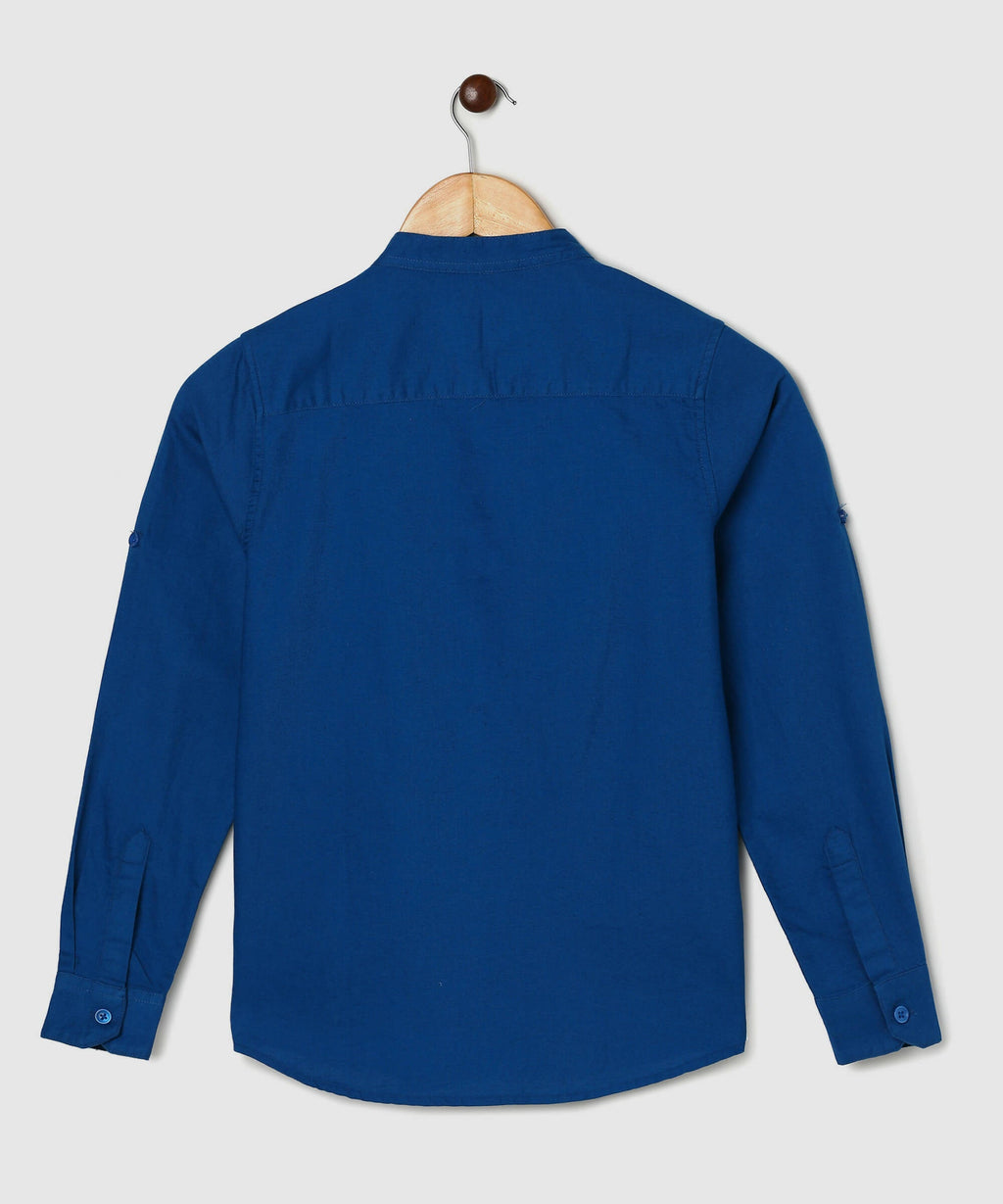 Manet Boys Mandarin Collar Full Sleeves Solid Shirt -Blue