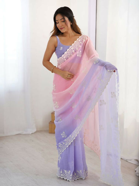 Light Pink Crunchy Silk Embroidery Work Party Wear Saree - Lakshita