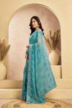 Vastranavya Sky Blue Digital Printed Linen Ready To Wear Designer Saree with Unstitched Blouse - Distacart
