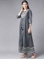 Yufta Women Grey Geometric Printed Mirror Work Kurta