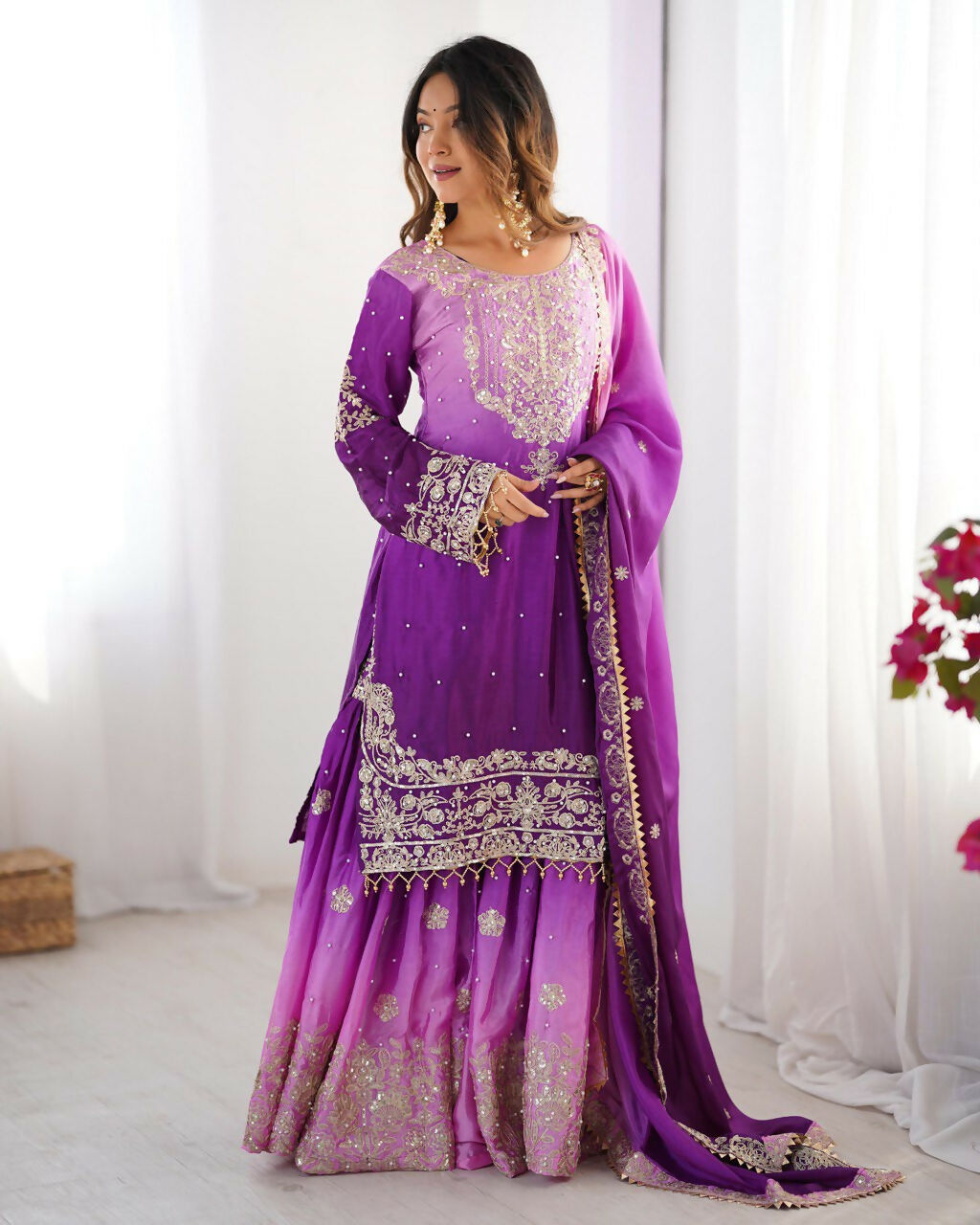 The52 Women's Beautiful Chinon silk Fabric Embroidery Work Straight Kurta Palazzo and Dupatta Set - Distacart