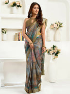 Joban Fashion Dusty Green Floral & Ethnic Motifs Linen Ready To Wear Saree With Unstitched Blouse - Distacart