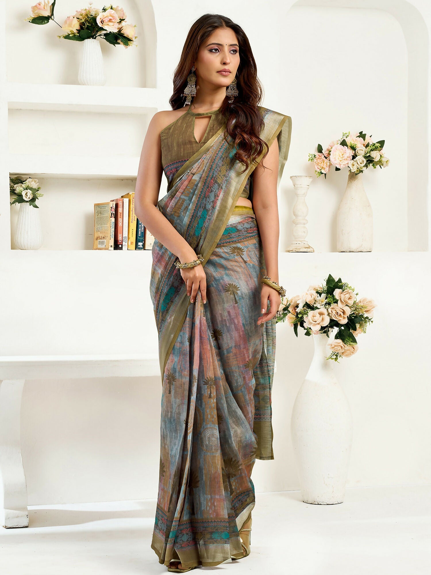 Joban Fashion Dusty Green Floral & Ethnic Motifs Linen Ready To Wear Saree With Unstitched Blouse - Distacart