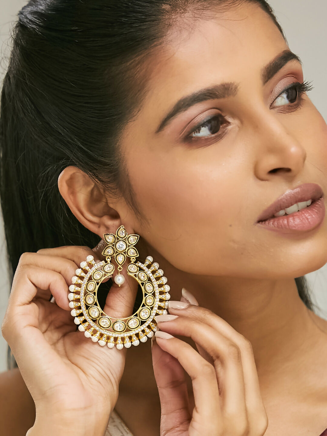 Nuyug 22K Gold-Plated Kundan Studded & Pearl Beaded Floral Chandbali Earrings - Distacart