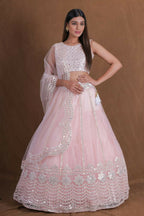 Pink Zari Foil Mirror Embroidery Work Lehenga Choli With Dupatta - Jihu Culture