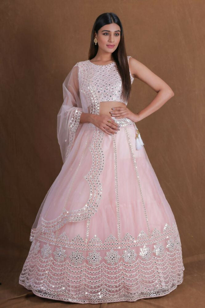 Pink Zari Foil Mirror Embroidery Work Lehenga Choli With Dupatta - Jihu Culture