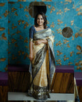 DEIANA'S Beautiful Designer Golden zari Soft Lichi Silk Saree - White
