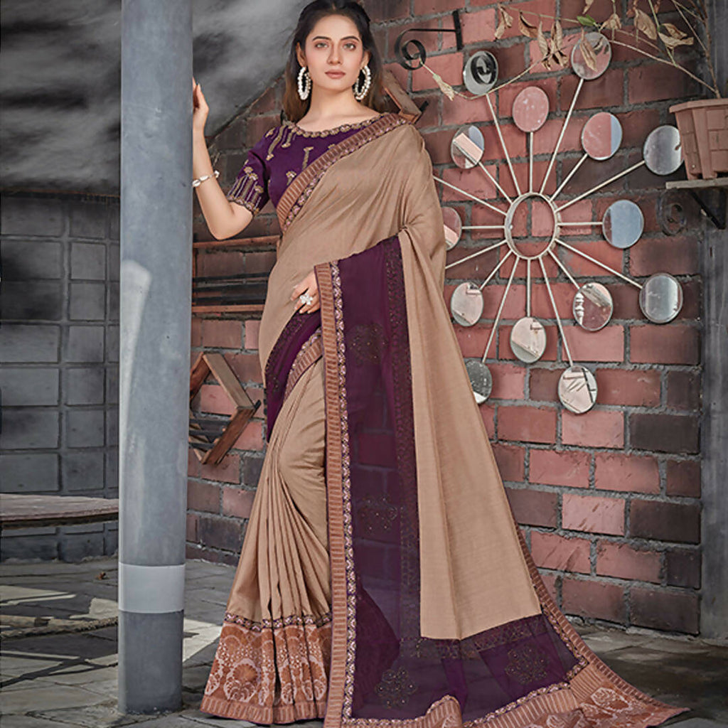 Beige, Purple Colored Tussar Silk Embroidered Saree With Blouse - Norita Royal Adveka
