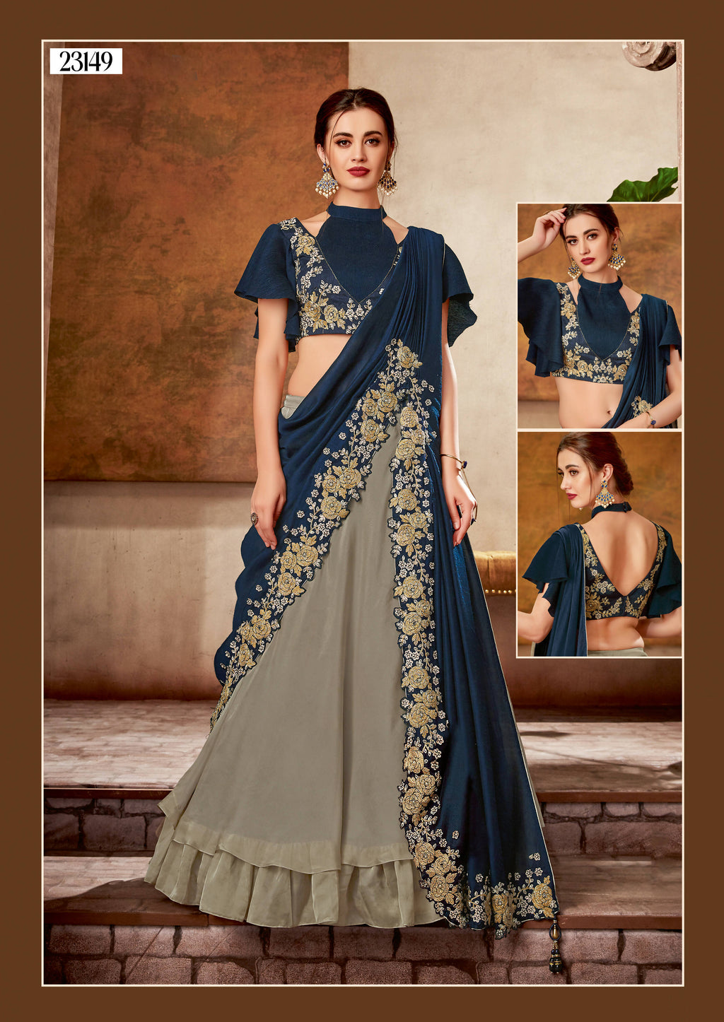 Grey, Blue Dual Tone Silk Georgette Thread, Ribbon Embroidery, Handwork Semi-Stitched Lehenga Saree - Mohmanthan Dezzy