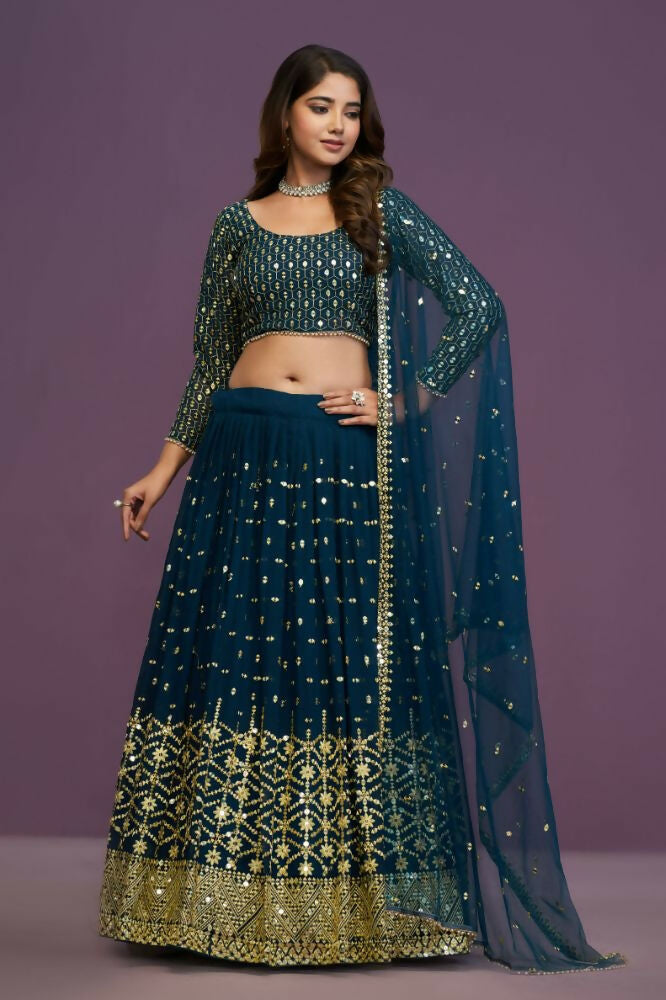 Blue Georgette Embroidery Sequence Work Lehenga Choli Set - Jihu Culture
