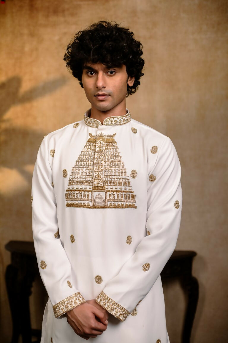 Falling Raw Silk White Devalaya Kurta By Hilo Design