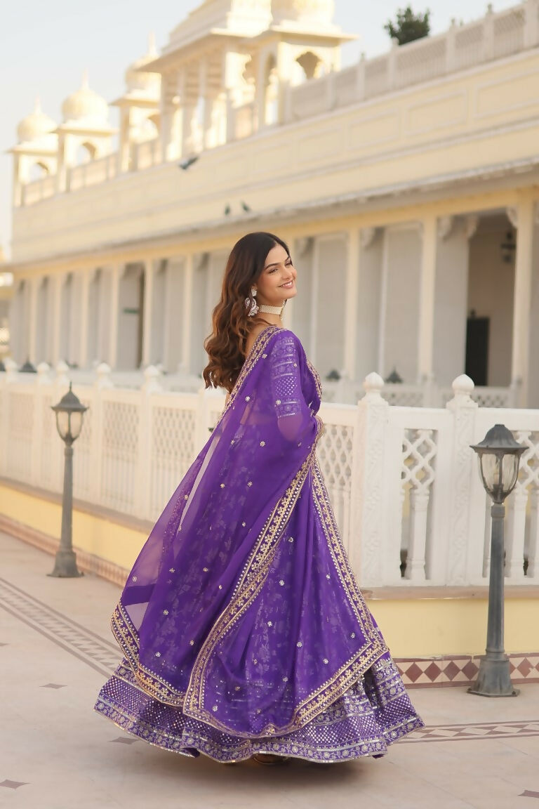 Vastranavya Designer Dyeable Pure Viscose Jacquard Fabric Lehenga Choli & Dupatta Set - Purple