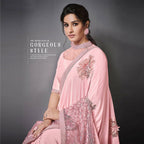 Pink Lycra Raw Silk Sequins Embroidery, Applique Work Saree - Norita Eileen