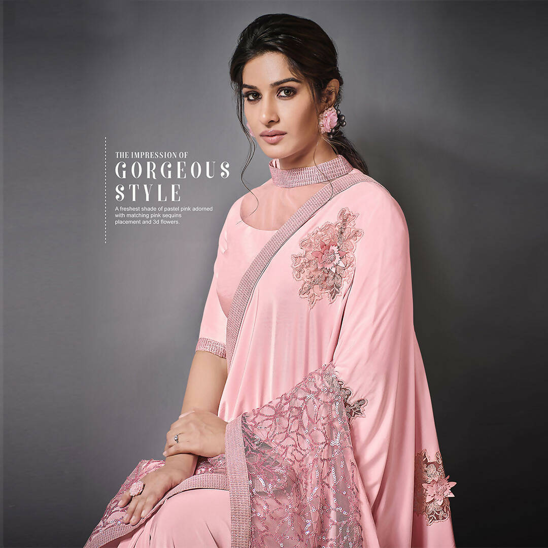 Pink Lycra Raw Silk Sequins Embroidery, Applique Work Saree - Norita Eileen