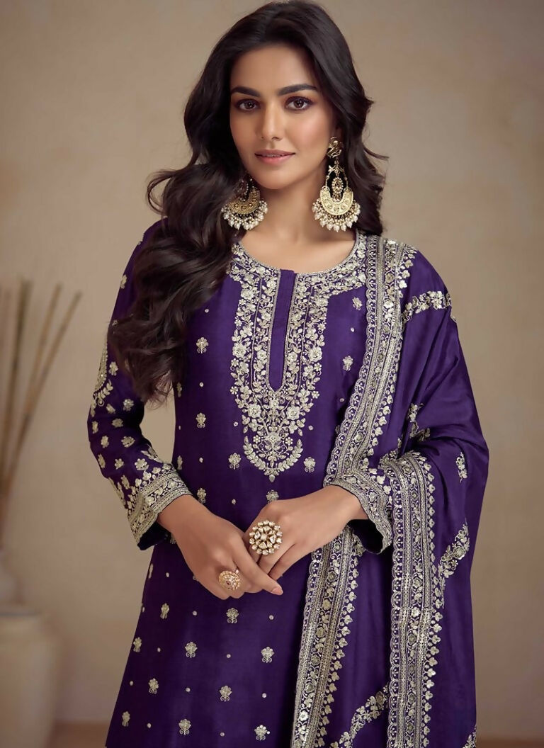 Vastranavya Glamorous Purple Chinon Palazzo Suit With Intricate Sequins Embroidery Work with Dupatta