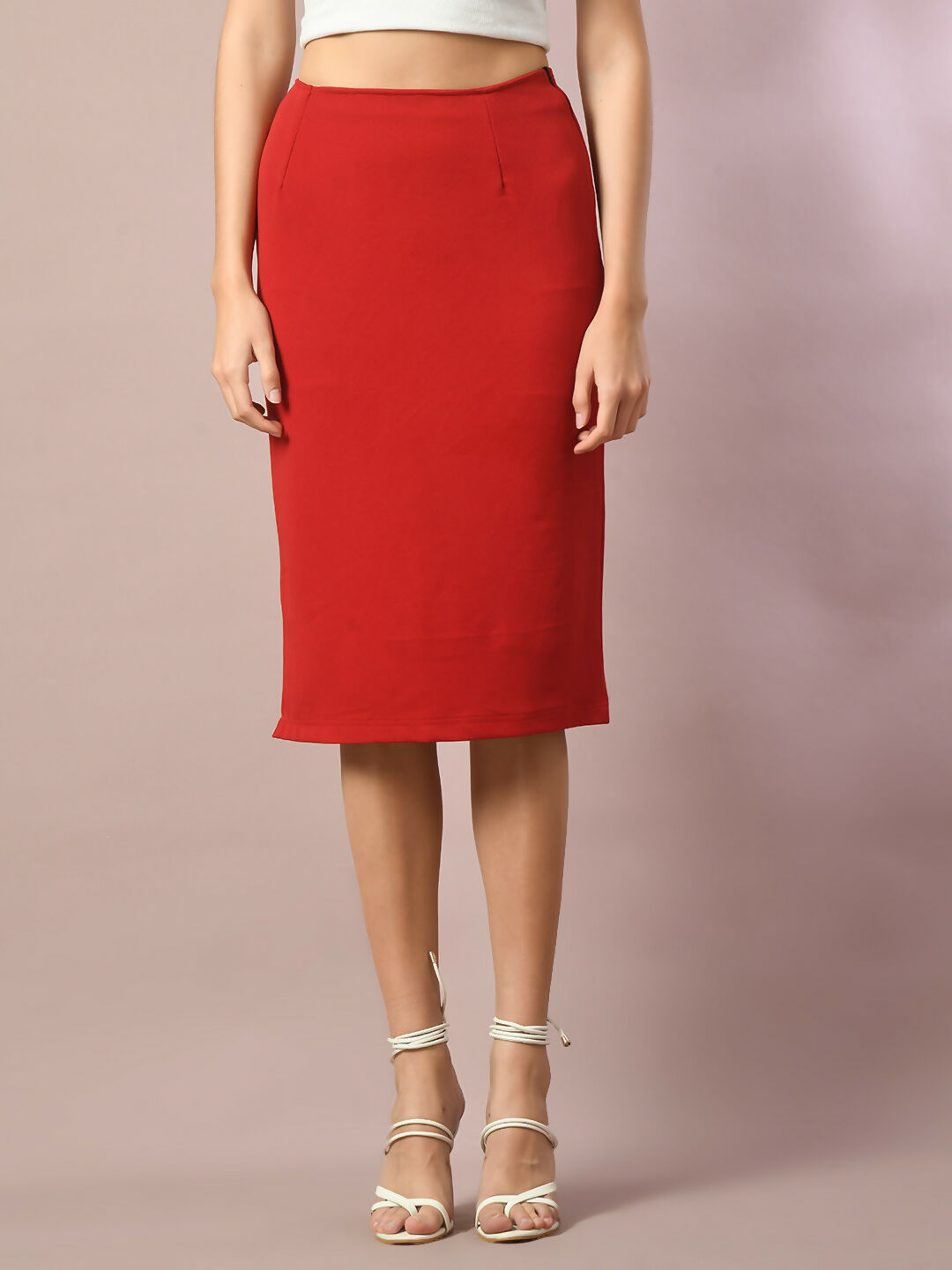 Myshka Women's Red Solid Knee Length Party Embellished Skirts