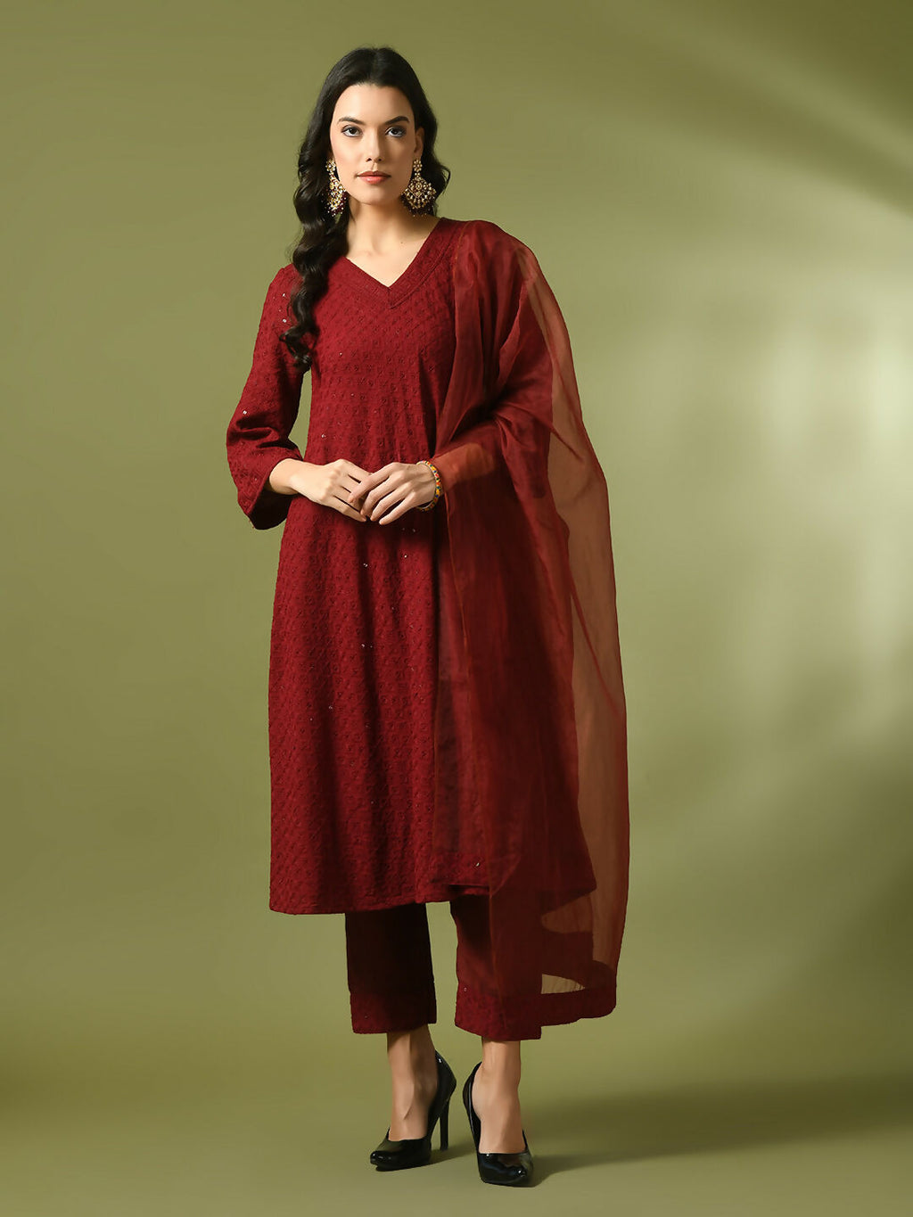 Myshka Women's Maroon Embroidered Cotton A-Line Party Kurta Set With Dupatta