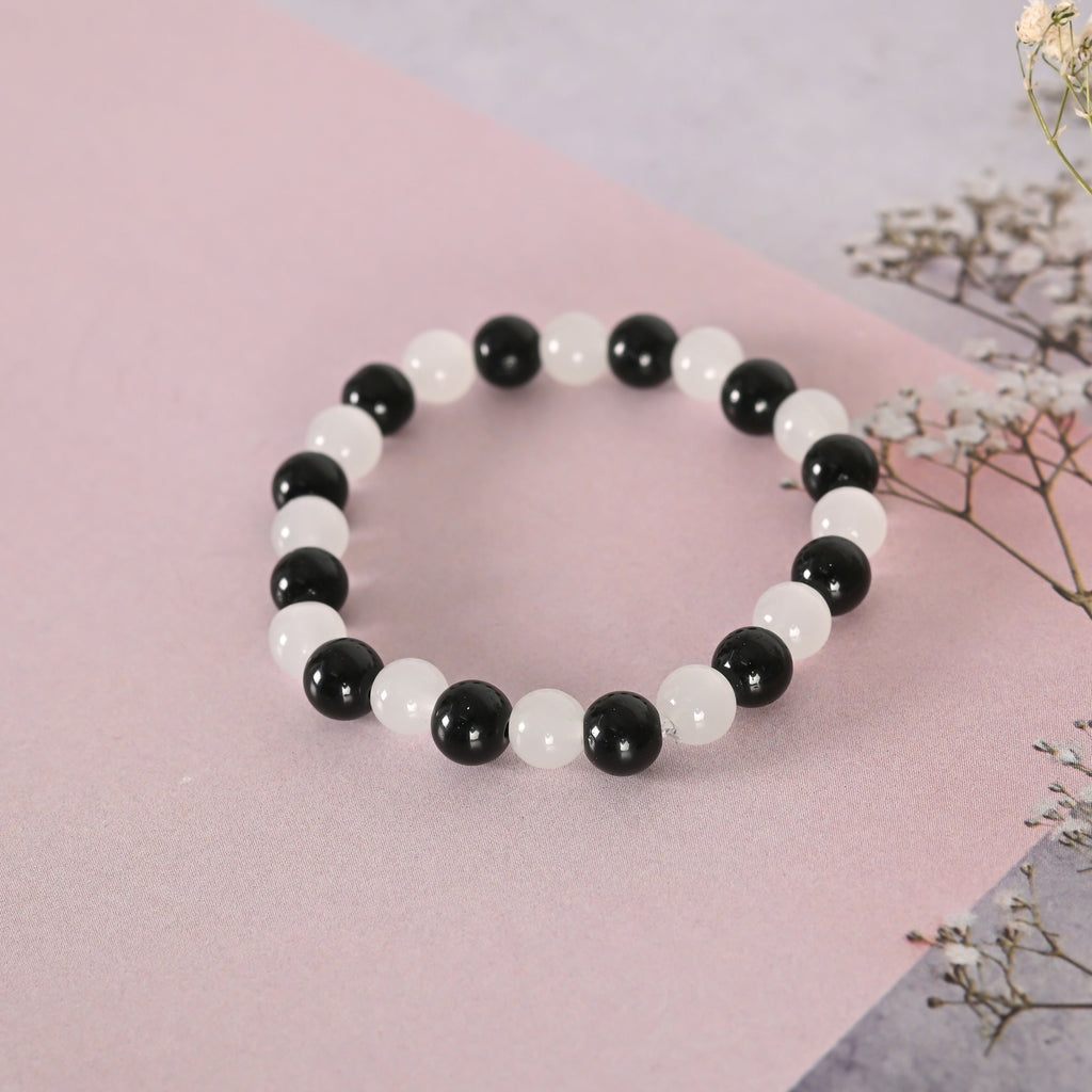 NVR Men & Women White Marble Crystal Beaded Elasticated Bracelet - Distacart
