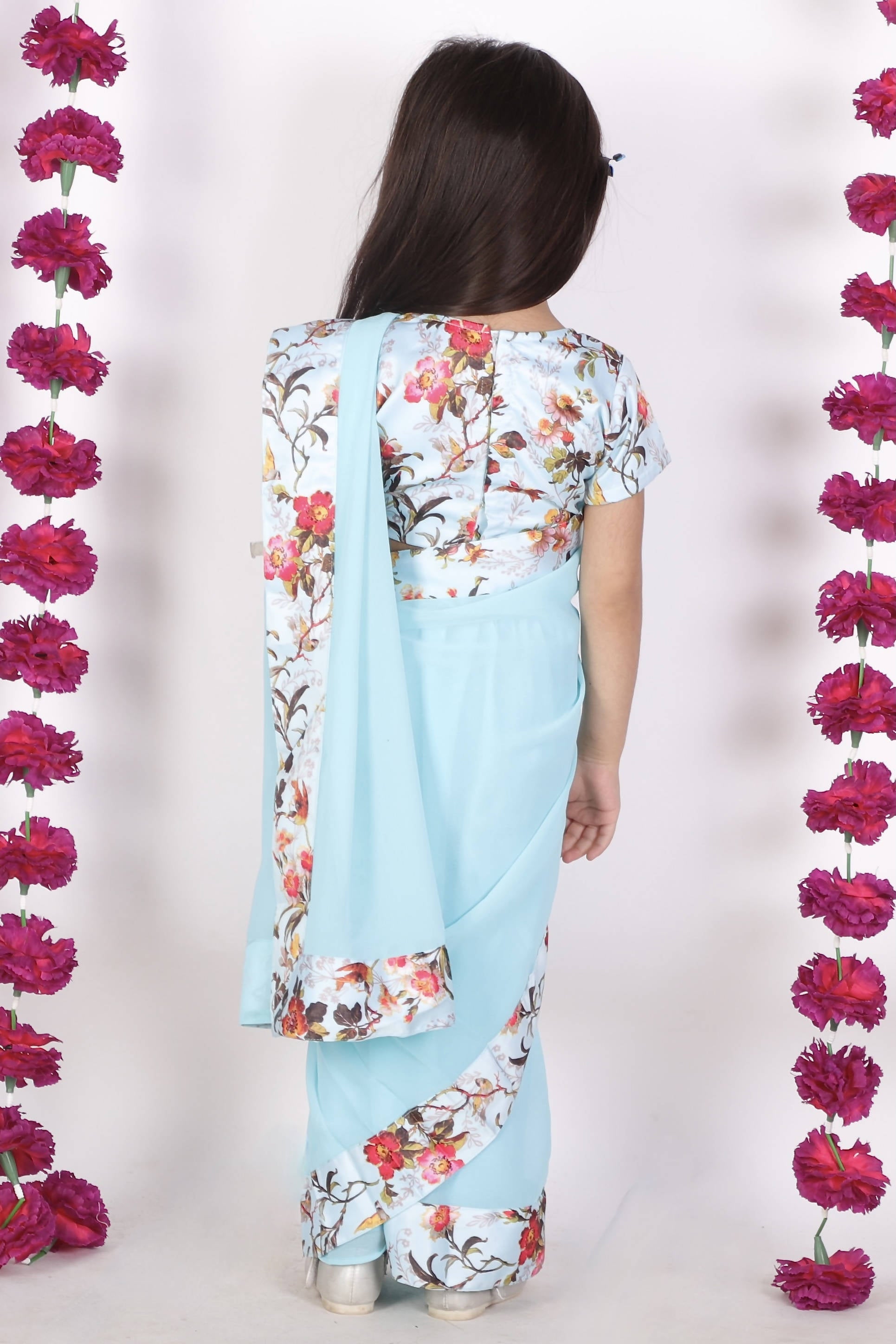 Little Bansi Girls 90's Era Saree with Silk Floral Blouse - Sky Blue