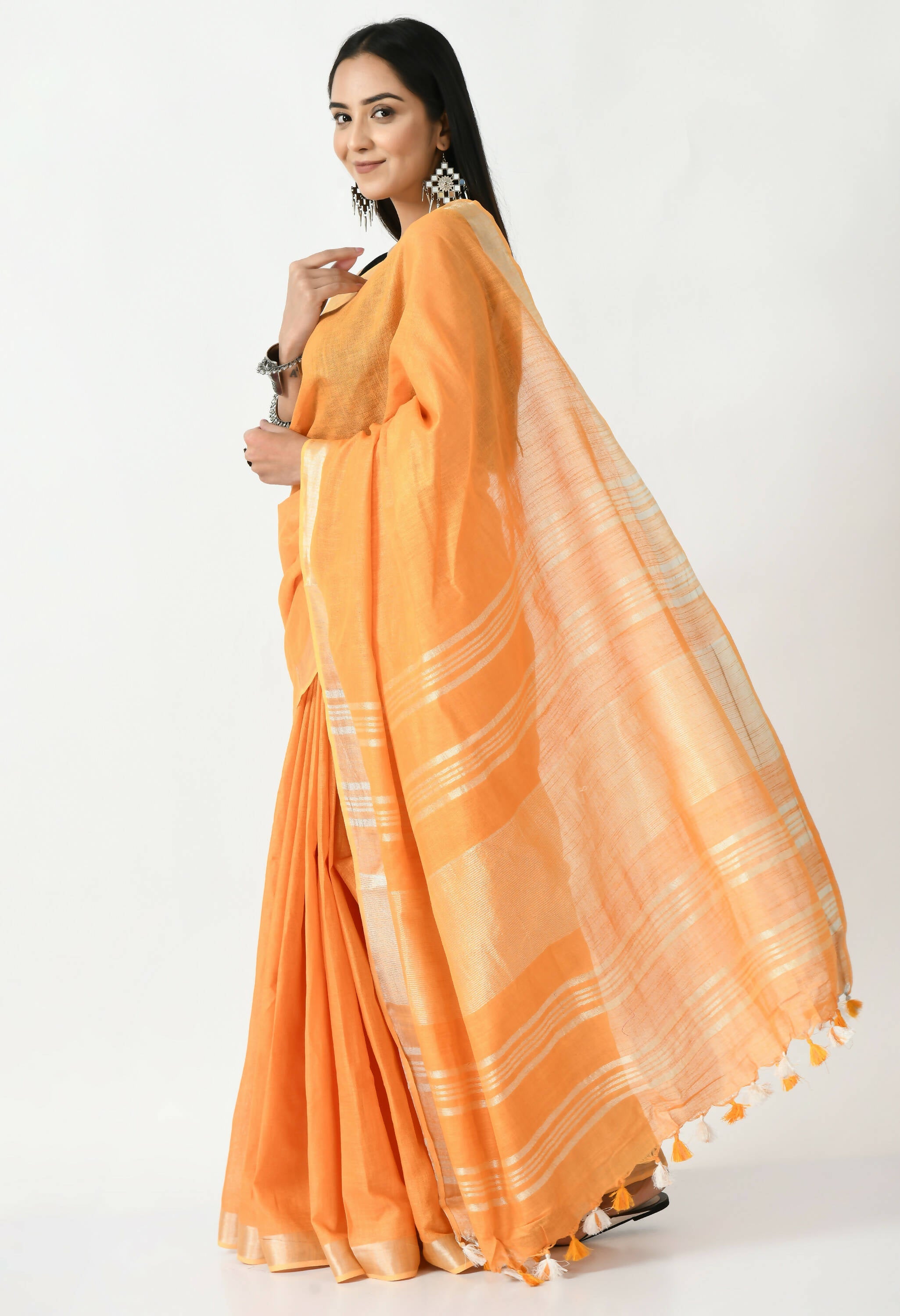 Mominos Fashion Moeza Orange Bhagalpuri Handloom Silk Linen Saree with unstitched Blouse piece - Distacart
