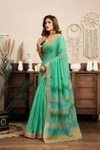 Joban Fashion Teal Green Ikkat Linen Ready To Wear Saree With Unstitched Blouse - Distacart