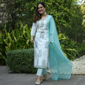 Vamika Poly Rayon Printed White & Sea Green Party Wear/Casual Wear/Office Wear Kurta Set/Suit