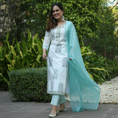 Vamika Poly Rayon Printed White & Sea Green Party Wear/Casual Wear/Office Wear Kurta Set/Suit