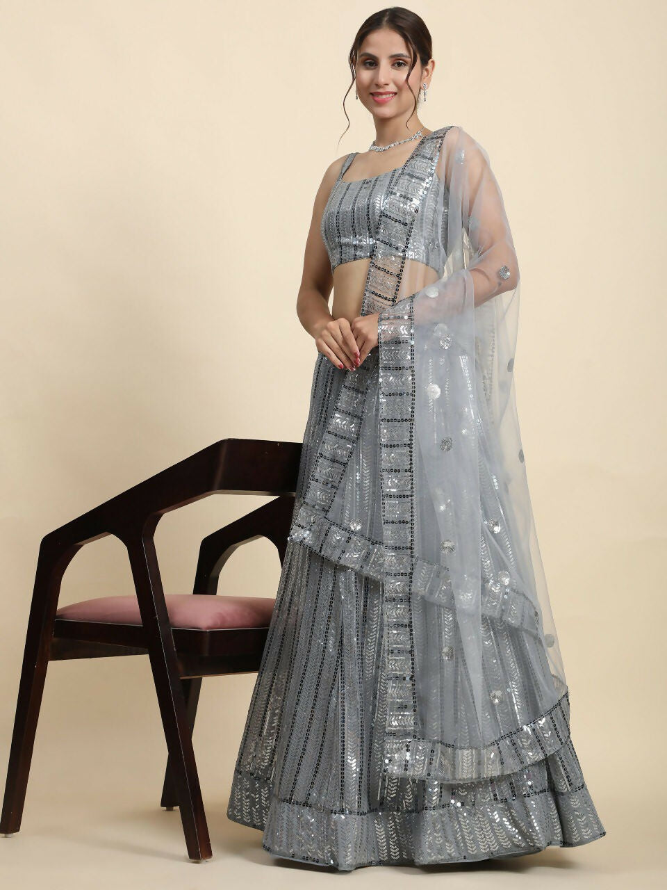 Jyoti Fashion Classy Grey Faux Georgette 3MM & 7MM Sequins Embroidery Lehenga Choli with Dupatta