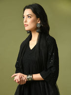 Myshka Women's Black Embroidered Cotton A-Line Party Kurta Set With Dupatta