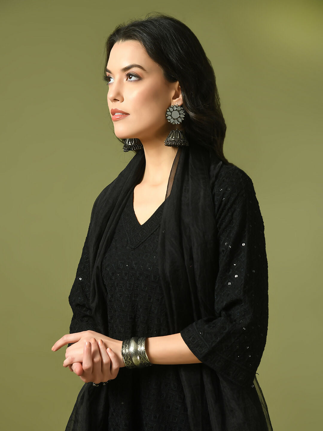 Myshka Women's Black Embroidered Cotton A-Line Party Kurta Set With Dupatta