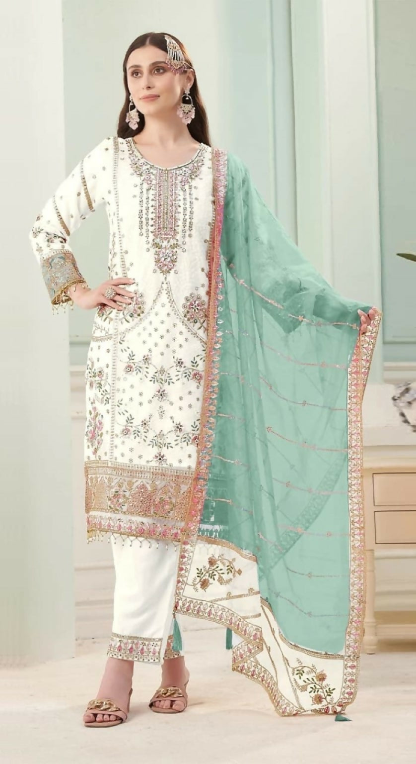 Anaita White Fox Georgette Stitched Suit with Embroidery Sequins - Distacart