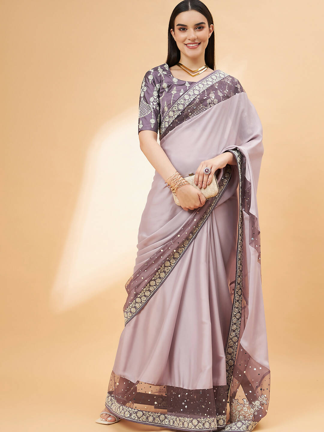 Mauve Silk Georgette Ribbon Embroidery Saree - Norita Hit Design
