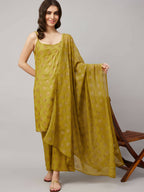 Lime Green & Golden Ethnic Motifs Print Kurta with Palazzo & Dupatta - Vishwa