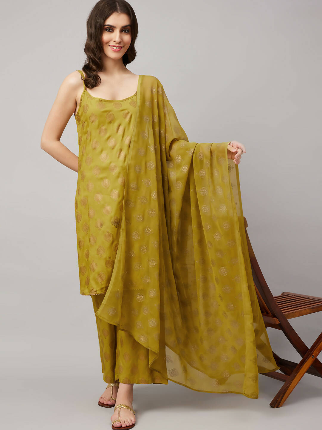 Lime Green & Golden Ethnic Motifs Print Kurta with Palazzo & Dupatta - Vishwa