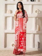 Shree Shyam Fashion Linen Cotton Red & White Saree - Distacart