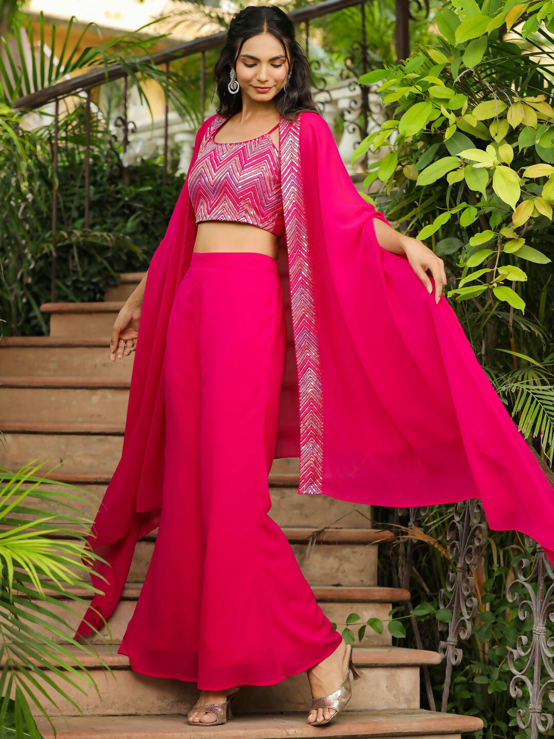 Janasya Pink Georgette Embroidered Top Bottom Cape