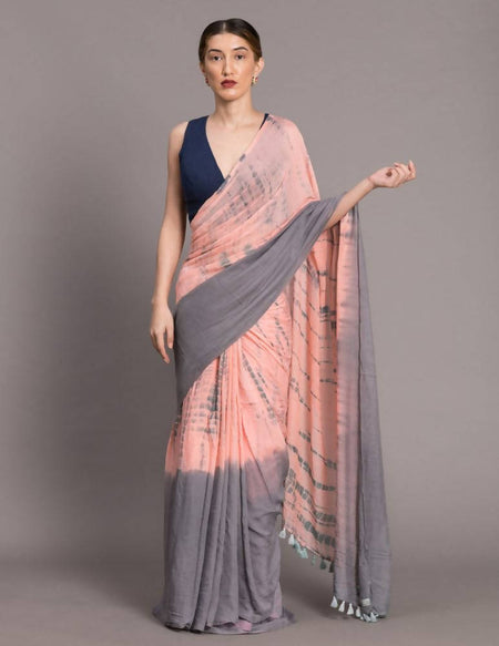 Suta Peach-Coloured Grey Tie Dye Pure Cotton Saree