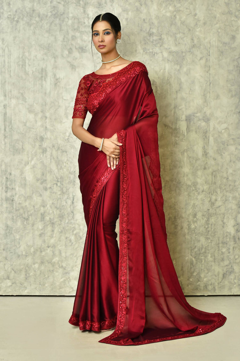 Wine Silk Plain Saree with Blouse Piece - Purvi
