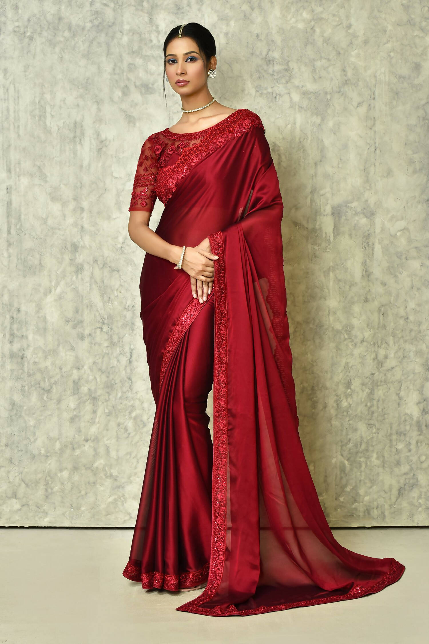 Wine Silk Plain Saree with Blouse Piece - Purvi